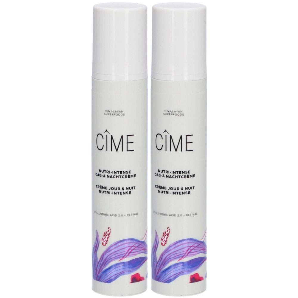 Deux tubes de crème blancs avec l'inscription Cîme, Nutri-Intense Jour & Nuit. Design floral, violet et rouge.