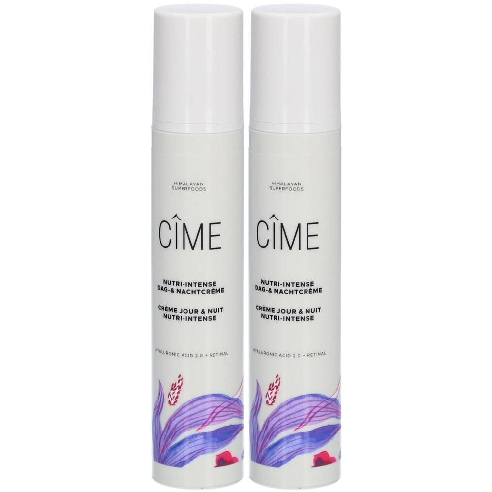 Deux tubes de crème blancs avec l'inscription Cîme, Nutri-Intense Jour & Nuit. Design floral, violet et rouge.