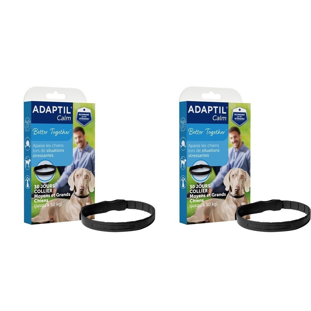 Deux colliers Adaptil et deux boîtes. Collier noir, emballage bleu avec nom du produit, chien et homme.