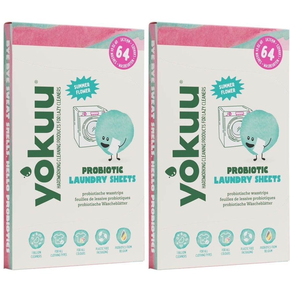 Deux boîtes de feuilles de lessive probiotiques YOKUU® Summer Flower. Emballage pour 64 lavages. Design avec illustration de machine à laver.
