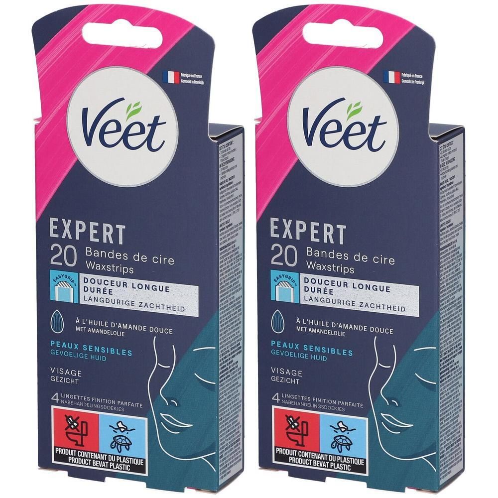 Deux boîtes de Veet Expert Bandes de cire pour peaux sensibles. Emballage bleu et rose avec informations.