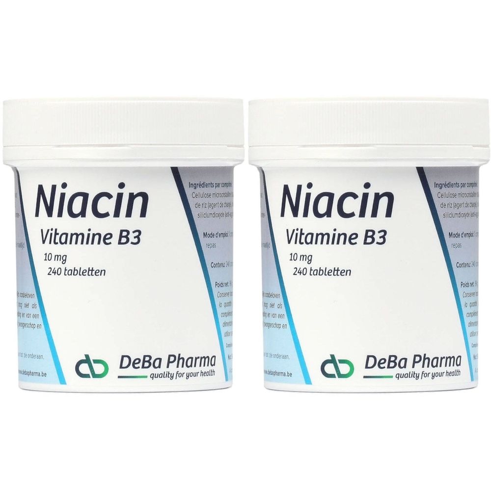 Deux boîtes blanches avec l'inscription Niacin, Vitamine B3, 10 mg, 240 comprimés. Logo DeBa Pharma.