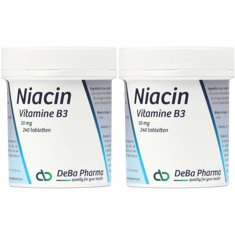 Deux boîtes blanches avec l'inscription Niacin, Vitamine B3, 10 mg, 240 comprimés. Logo DeBa Pharma.