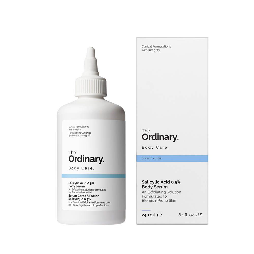 Flacon blanc et emballage. Inscription: The Ordinary Body Care, Acide Salicylique 0,5 %.