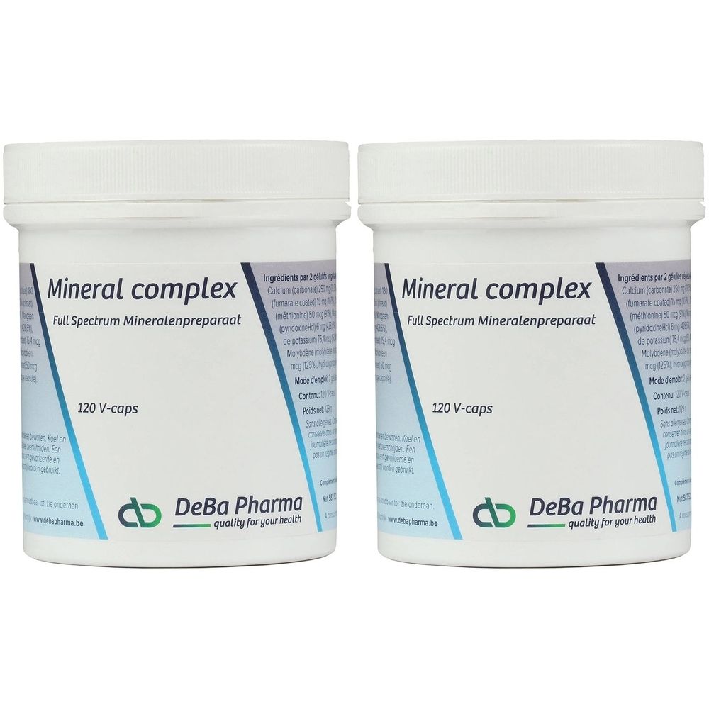 Deux pots blancs avec couvercles. Inscription: Mineral complex, 120 V-caps, logo DeBa Pharma. Étiquette avec ingrédients.
