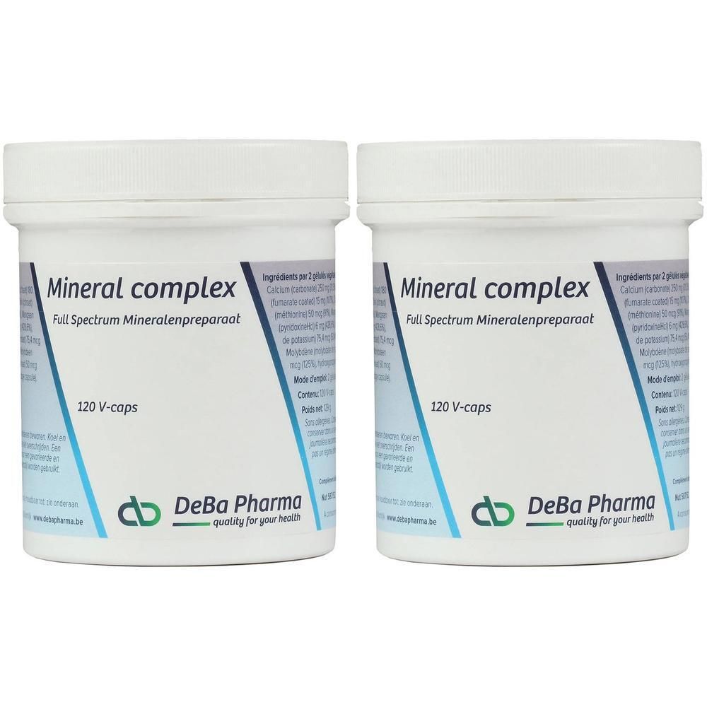 Deux pots blancs avec couvercles. Inscription: Mineral complex, 120 V-caps, logo DeBa Pharma. Étiquette avec ingrédients.