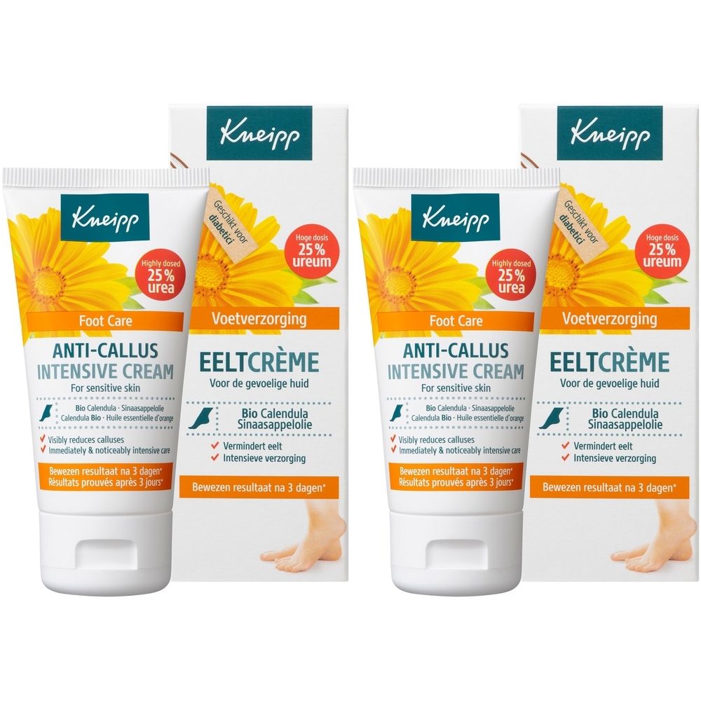 Deux tubes de crème intensive anti-callosités Kneipp® avec emballage. Tubes blancs, étiquettes oranges. Texte : 25% d'urée.