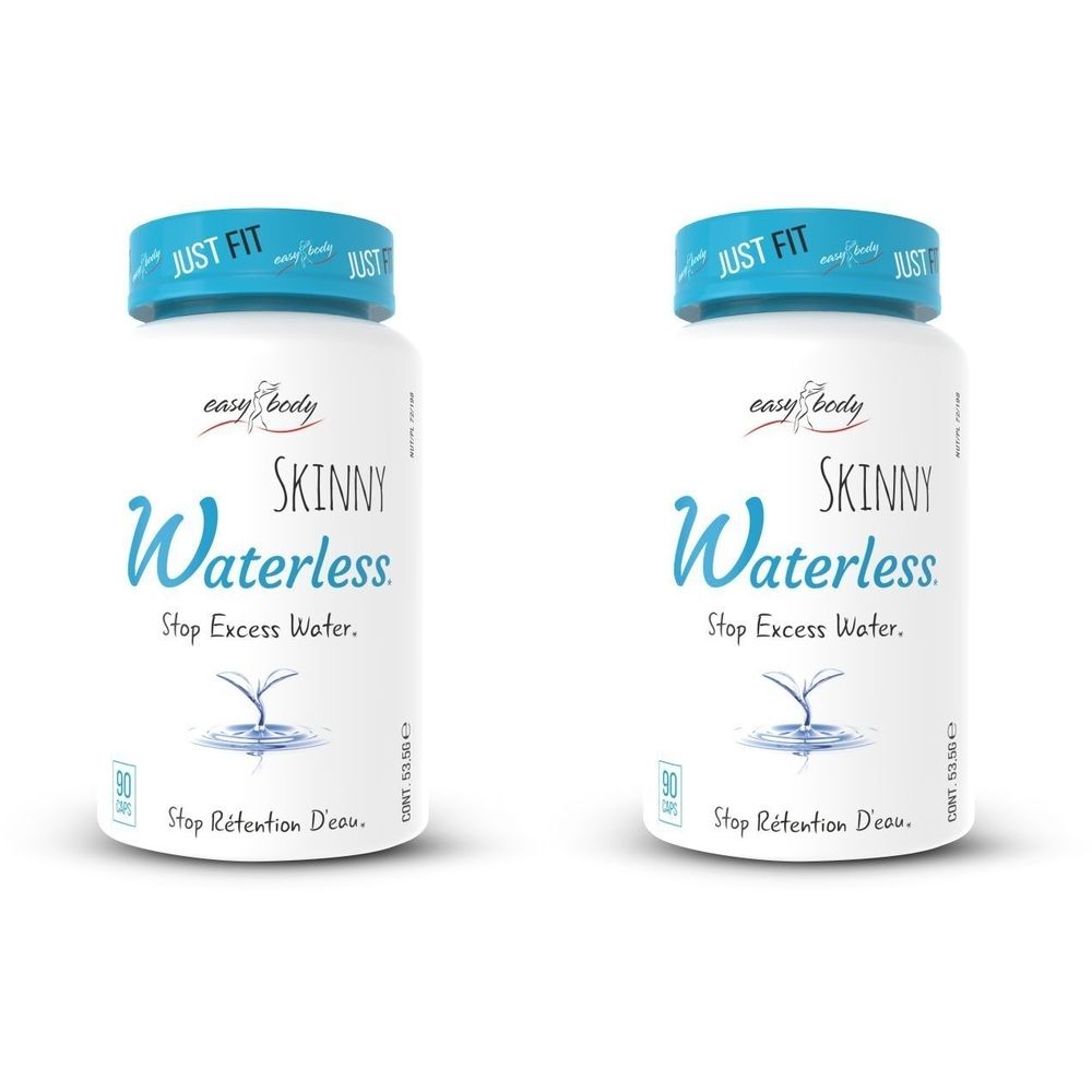 Deux flacons blancs avec bouchons bleus. Inscription : Skinny Waterless. Arrête l'excès d'eau. Marque : easy body.