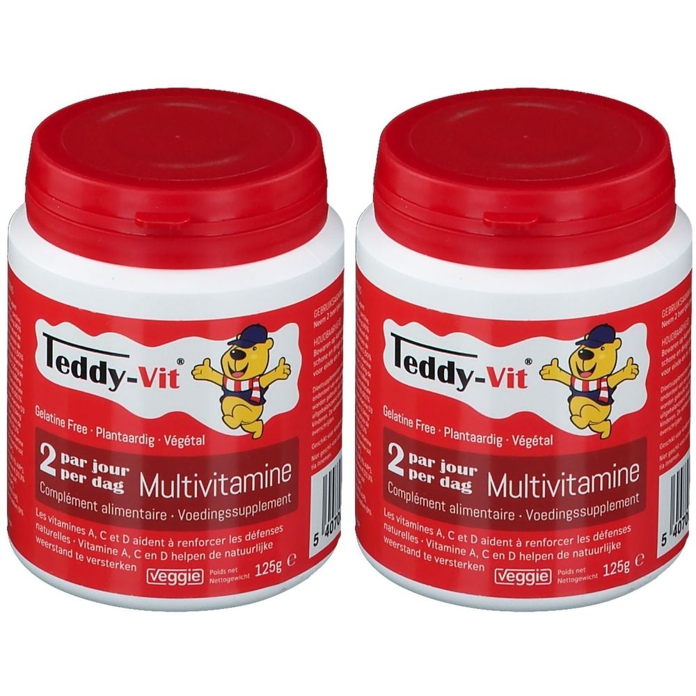Deux pots de Teddy-Vit Multivitamines. Couvercles rouges, contenants blancs avec étiquette. Inscription : Multivitamines, 125g.