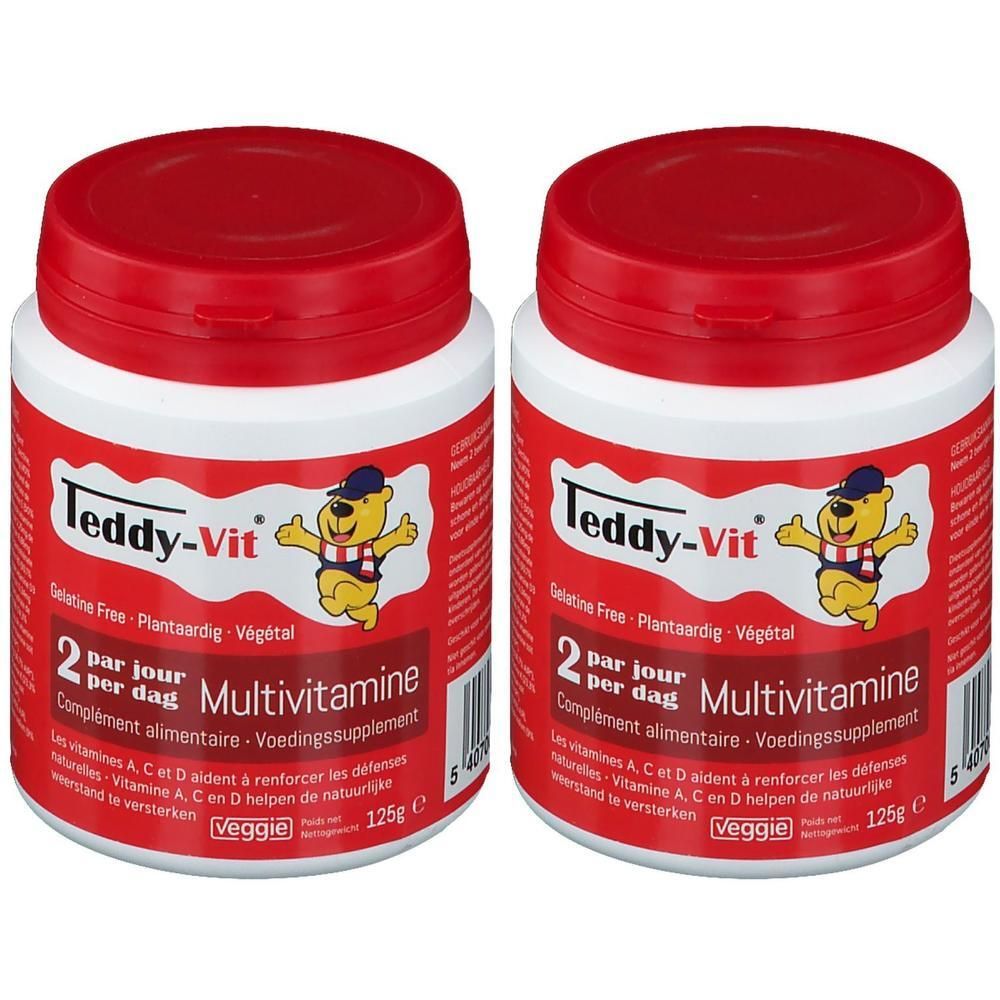 Deux pots de Teddy-Vit Multivitamines. Couvercles rouges, contenants blancs avec étiquette. Inscription : Multivitamines, 125g.