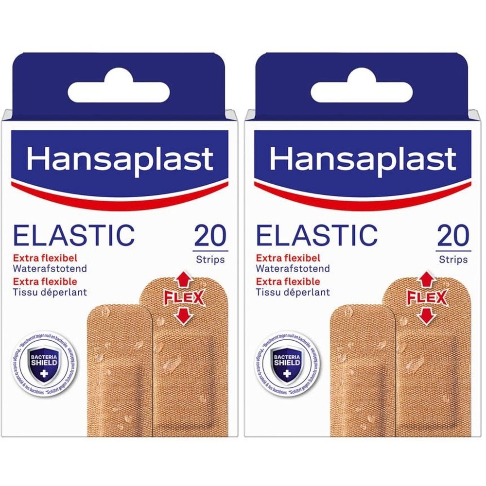Deux boîtes de Hansaplast Elastic Strips. Chaque boîte contient 20 pansements. Symbole Flex visible, résistant à l'eau.