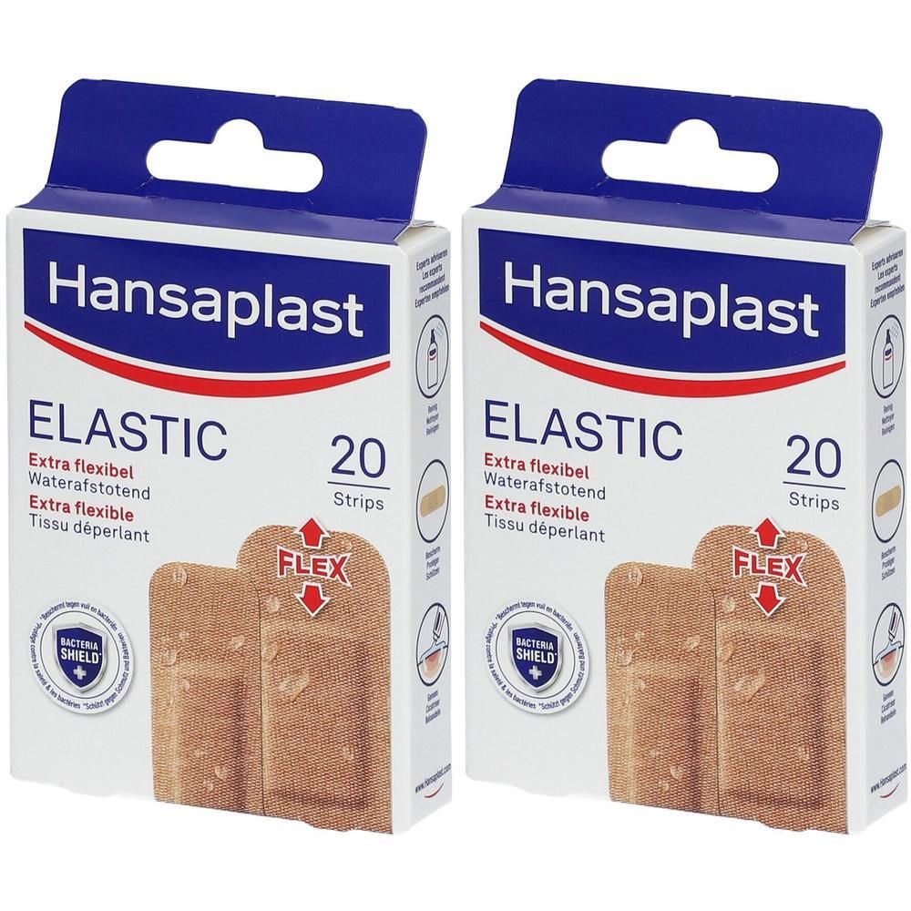 Deux boîtes de Hansaplast Elastic Strips. Chaque boîte contient 20 pansements. Symbole Flex visible, résistant à l'eau.