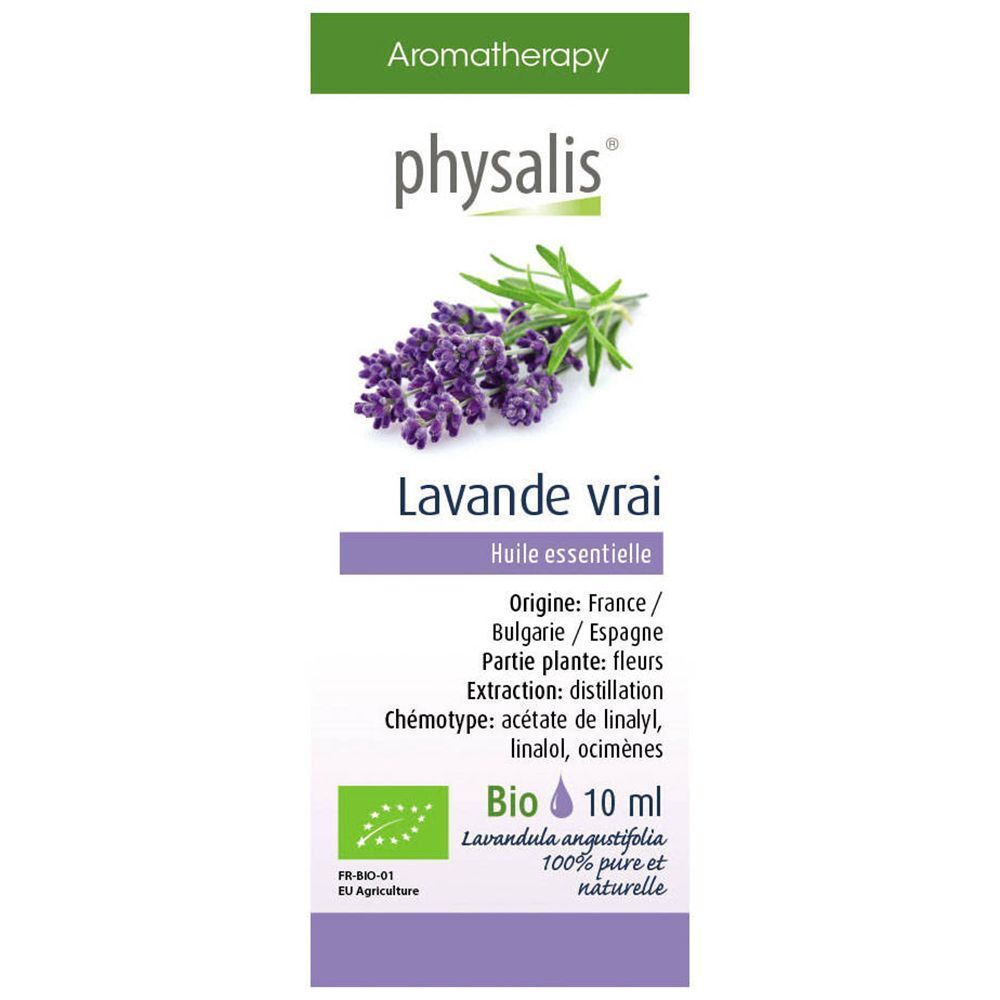 Étiquette avec illustration de lavande, texte : physalis, Aromathérapie, Lavande vrai, Bio, 10 ml.