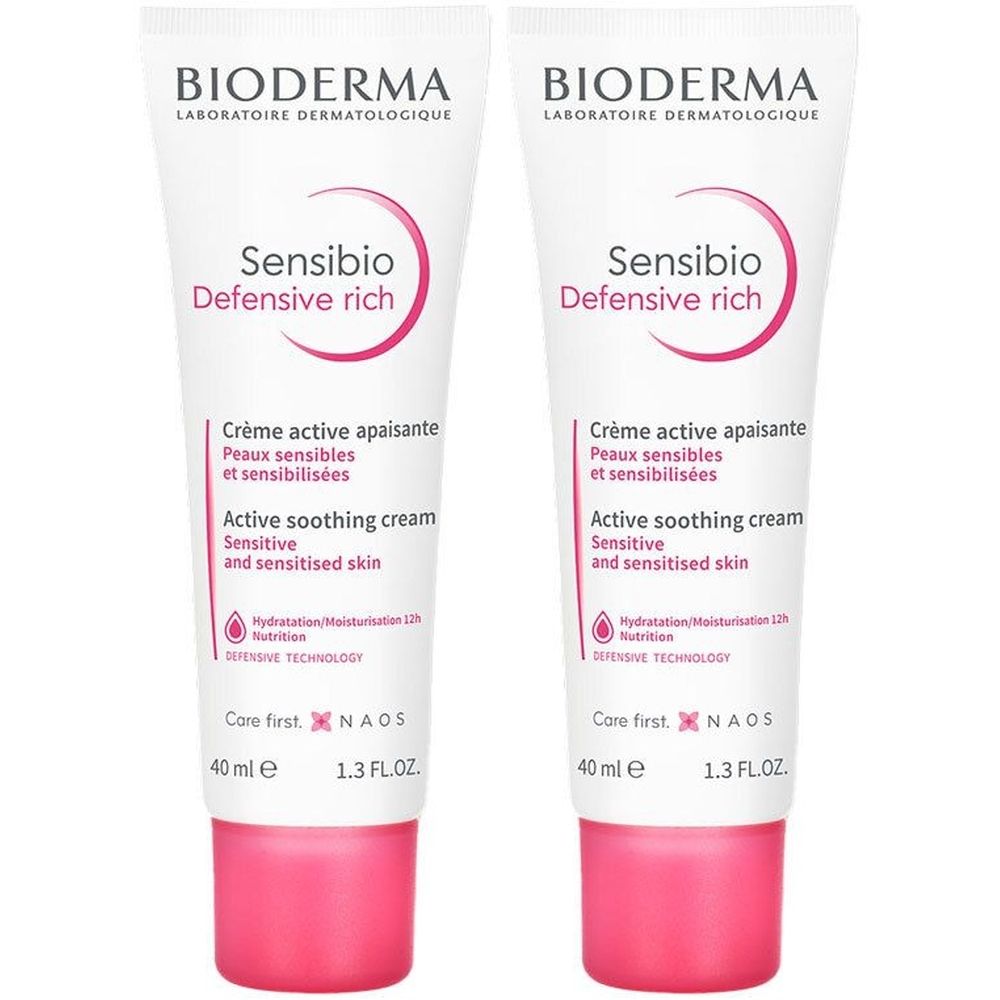 Deux tubes de BIODERMA Sensibio Defensive Rich. Tubes blancs avec texte rose. 40 ml.
