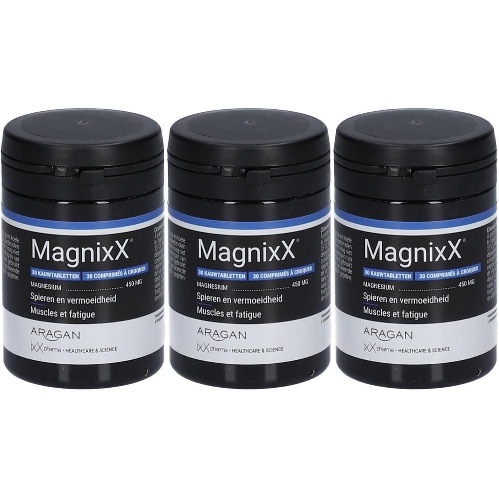 Trois contenants noirs de comprimés de magnésium MagnixX, 30 comprimés par contenant, 450 mg.