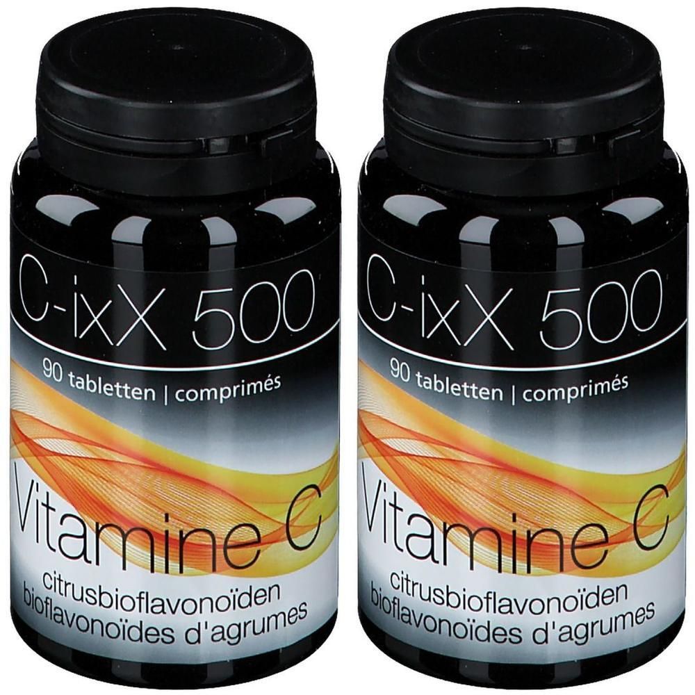 Deux flacons noirs avec couvercles noirs. Inscription: C-iXX 500, 90 comprimés, Vitamine C, bioflavonoïdes d'agrumes.