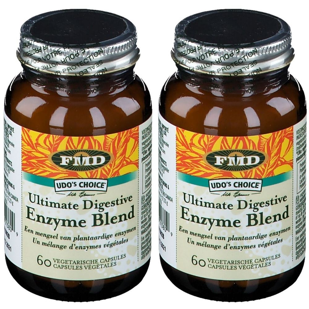 Deux flacons avec étiquette. Inscription: Udo's Choice Ultimate Digestive Enzyme Blend. 60 gélules.