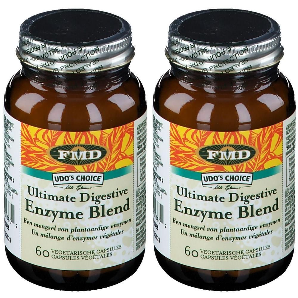 Deux flacons avec étiquette. Inscription: Udo's Choice Ultimate Digestive Enzyme Blend. 60 gélules.