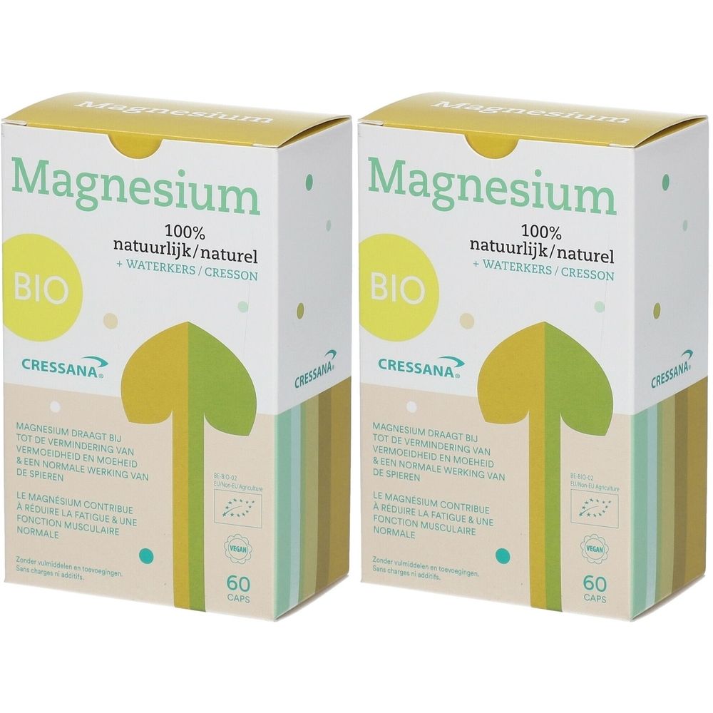Deux boîtes de CRESSANA® Magnésium + Cresson bio. Inscription: Magnésium, BIO, 60 capsules. Design vert et jaune.