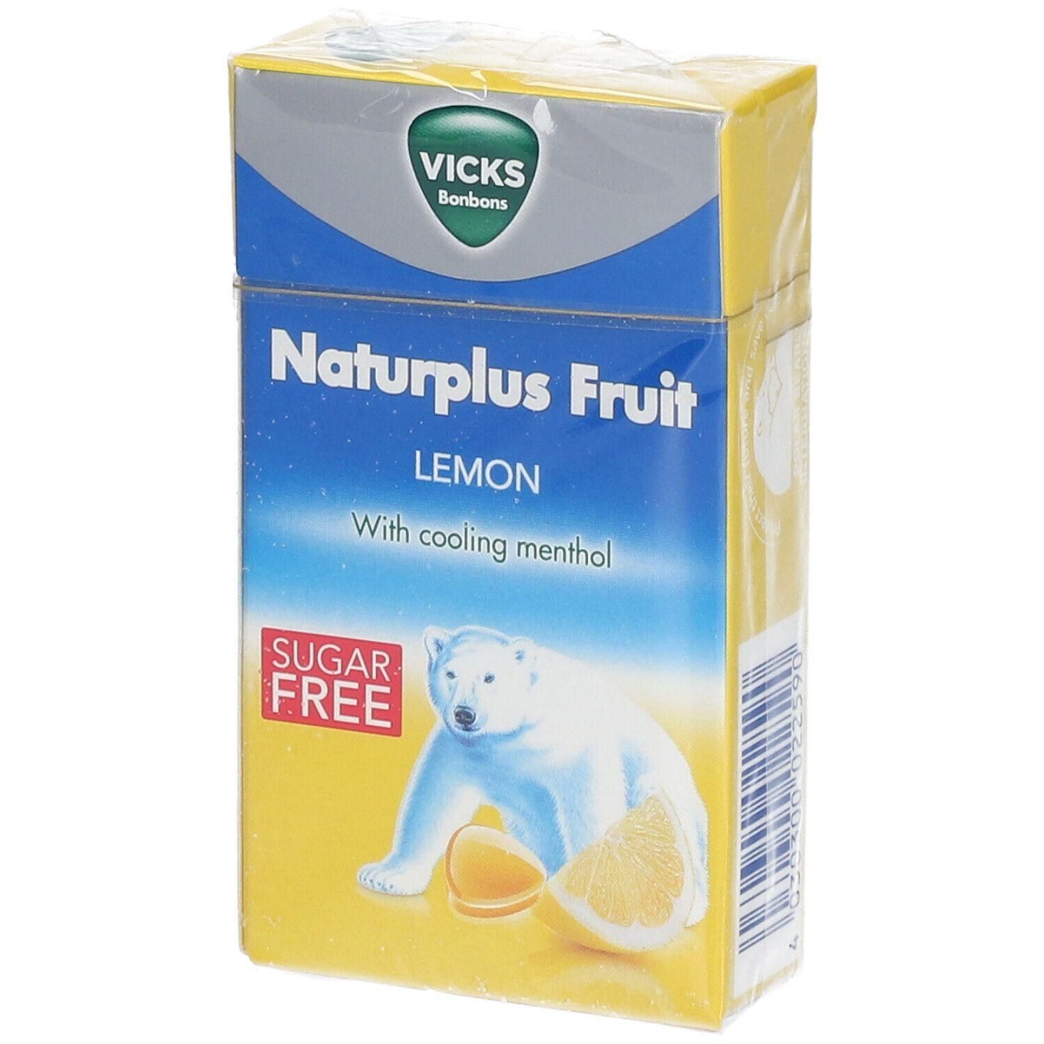 Boîte jaune de bonbons Vicks Naturplus Fruit. Inscription : citron, sans sucre, ours polaire avec citron.