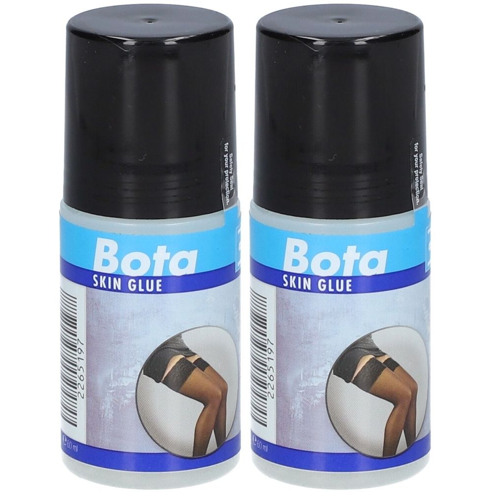 Deux flacons de Bota Skin Glue avec bouchons noirs. Étiquette avec nom du produit et image de bas.