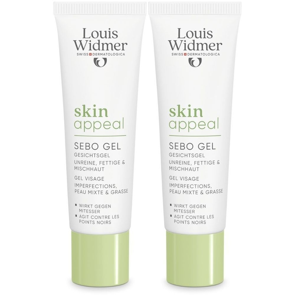 Deux tubes de gel Louis Widmer Skin Appeal. Tubes blancs avec texte et bouchons verts. Texte: Skin Appeal, Sebo Gel.