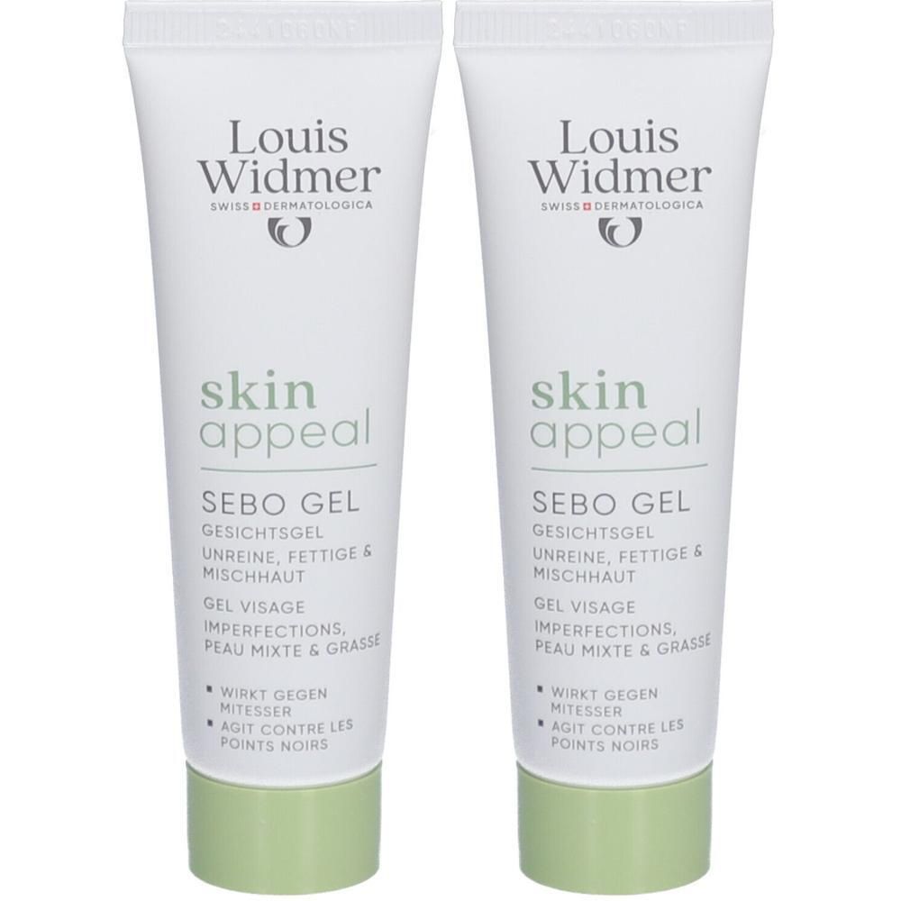 Deux tubes de gel Louis Widmer Skin Appeal. Tubes blancs avec texte et bouchons verts. Texte: Skin Appeal, Sebo Gel.