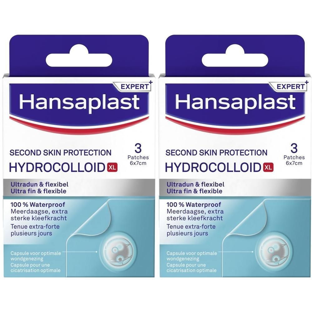 Deux boîtes de HANSAPLAST Hydrocolloid XL. 3 pansements, 6x7cm. Emballage avec informations.