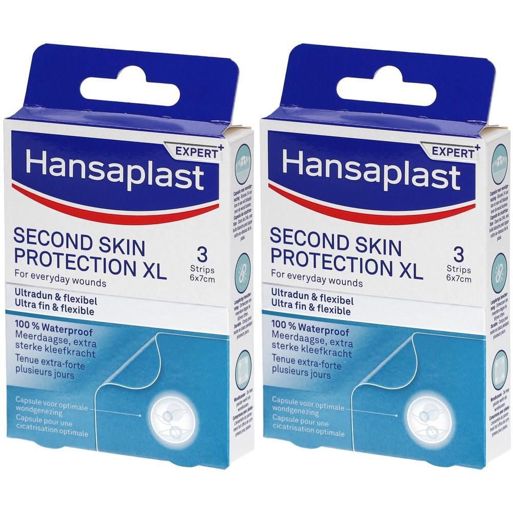 Deux boîtes de HANSAPLAST Second Skin Protection XL. 3 pansements, 6x7cm. Emballage avec informations.