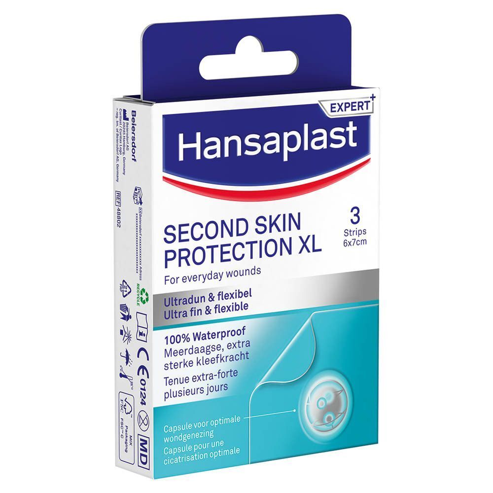 Boîte HANSAPLAST Second Skin Protection XL. 3 pansements, 6x7cm. Emballage avec informations.