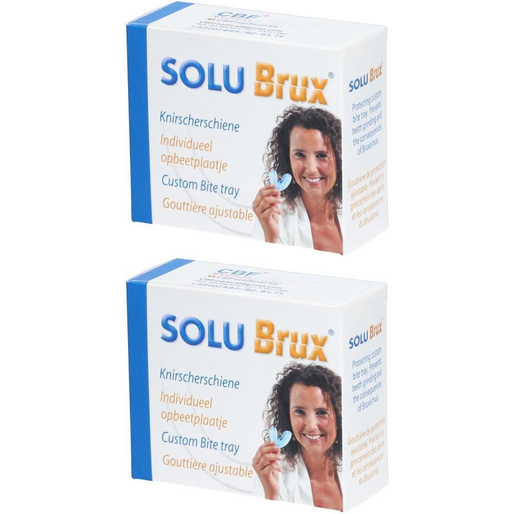 Deux boîtes blanches avec texte bleu SOLU Brux. Inscription: Knirschierschiene, Custom Bite Tray, Gouttière ajustable.