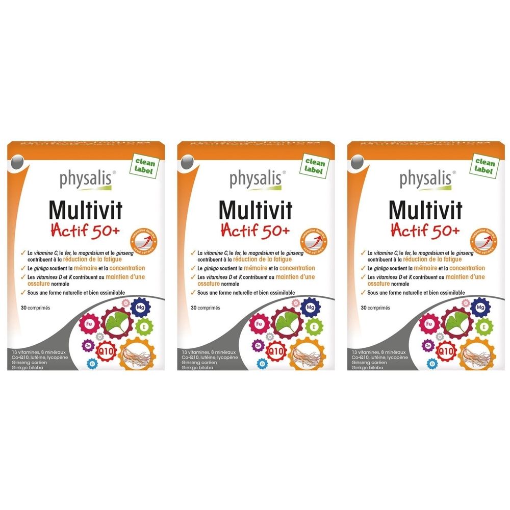Trois boîtes de Physalis Multivit Actif 50+. Emballage orange avec nom et informations. 30 comprimés.