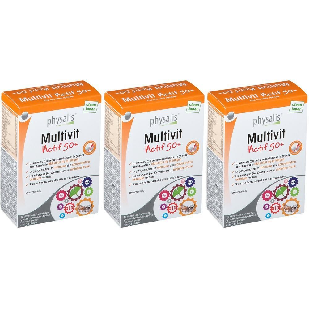 Trois boîtes de Physalis® Multivit Actif 50+. Boîtes orange et blanches avec nom et logos. 90 comprimés par boîte.