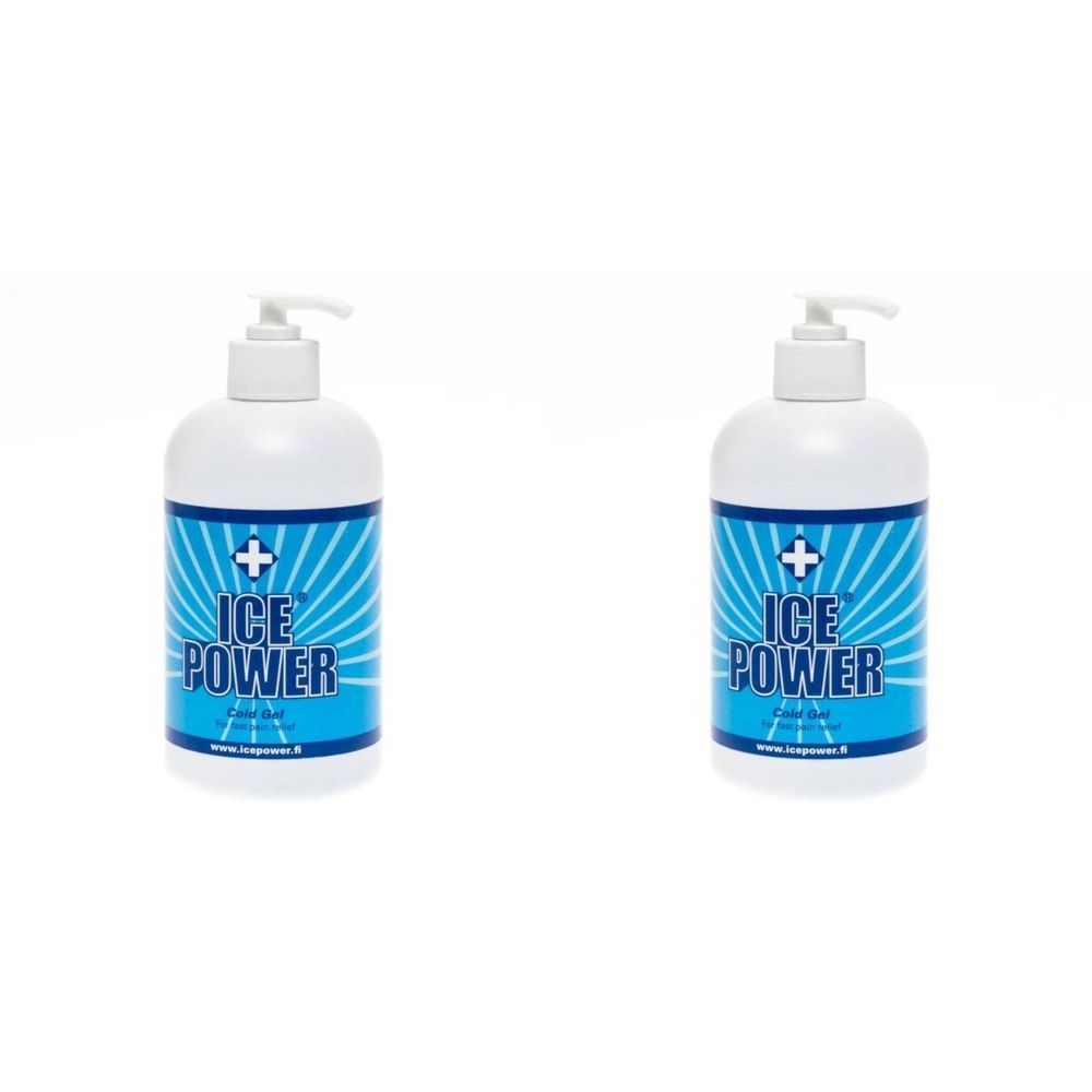Deux flacons blancs avec étiquette bleue. Inscription : ICE POWER Cold Gel. Avec pompe doseuse.