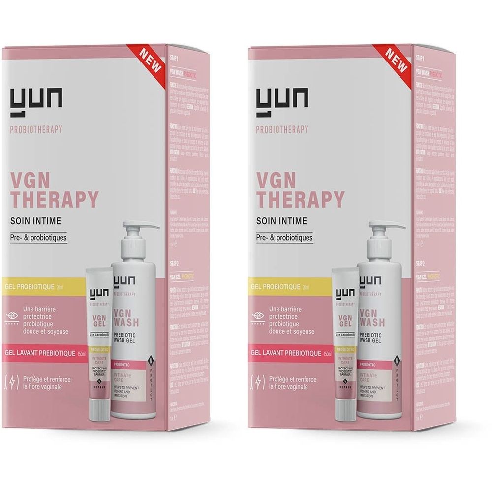 Deux emballages de produit. Inscription: YUN, VGN THERAPY, Soin Intime, Gel Lavant Prébiotique. Avec flacon et tube.