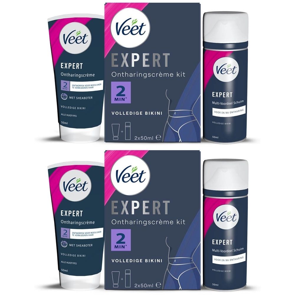 Deux kits Veet Expert et deux autres produits. Contient crème, mousse et emballage avec nom et illustration.