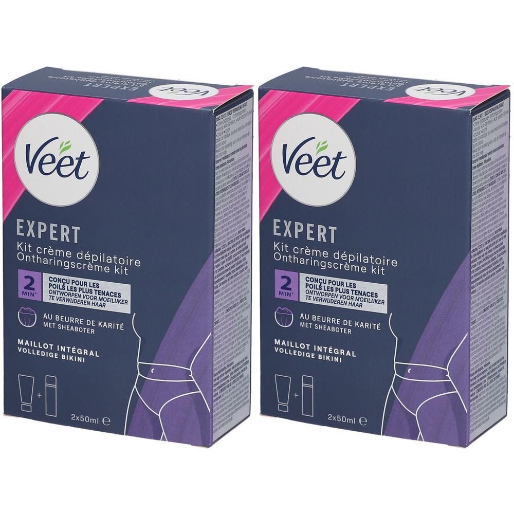 Deux kits Veet Expert. Emballage bleu foncé avec nom et illustration du produit. Contient crème et applicateur.
