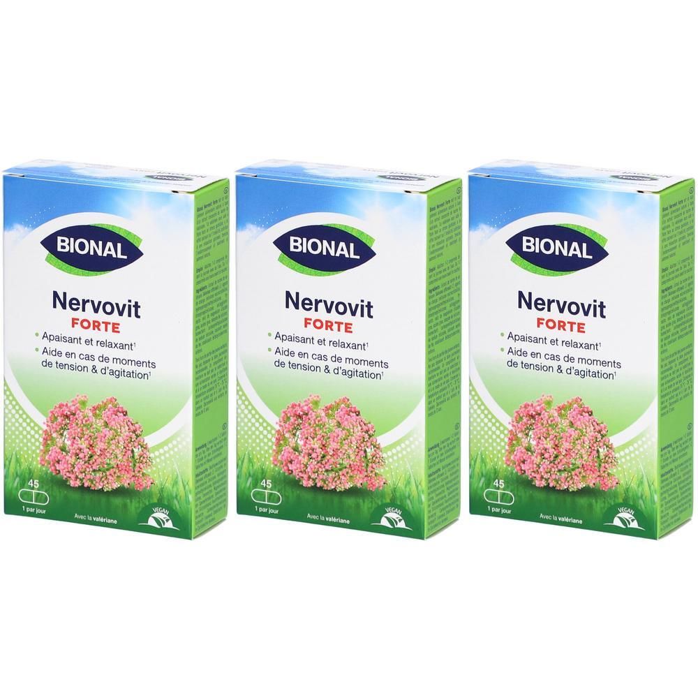 Trois boîtes de Bional Nervovit Forte. Emballage vert et blanc avec nom du produit et motif floral. 45 comprimés par boîte.