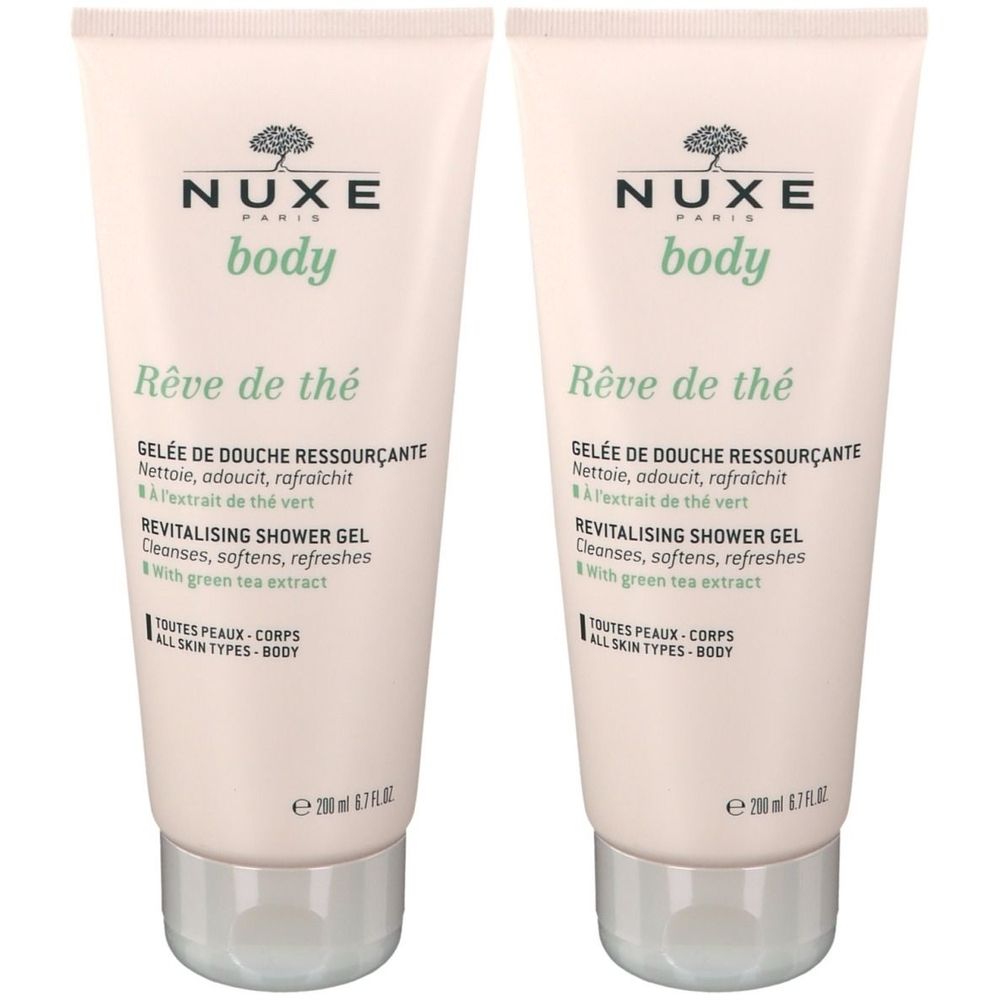 Deux tubes de gel douche. Tube beige avec bouchon argenté. Inscription : NUXE body, Rêve de thé, Gelée de Douche Ressourçante.