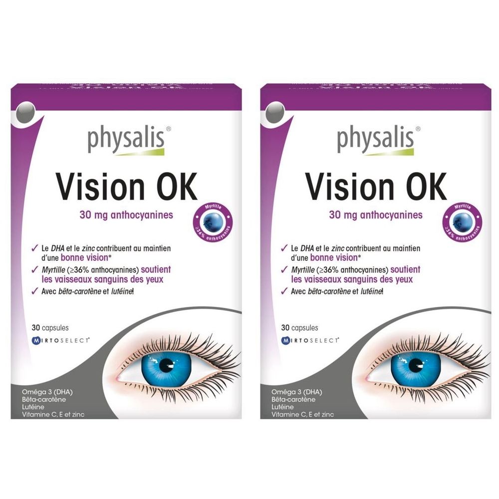 Deux boîtes de Vision OK. Boîtes violettes et blanches avec nom et informations. Illustration d'un œil.