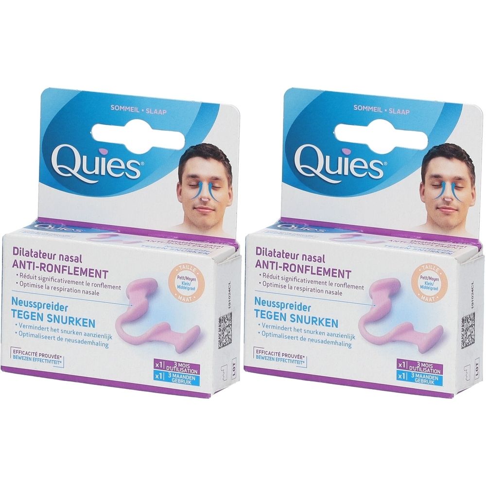 Deux boîtes de dilatateurs nasaux Quies. Élargisseurs nasaux roses sur emballage carton. Texte: Anti-ronflement, Quies.
