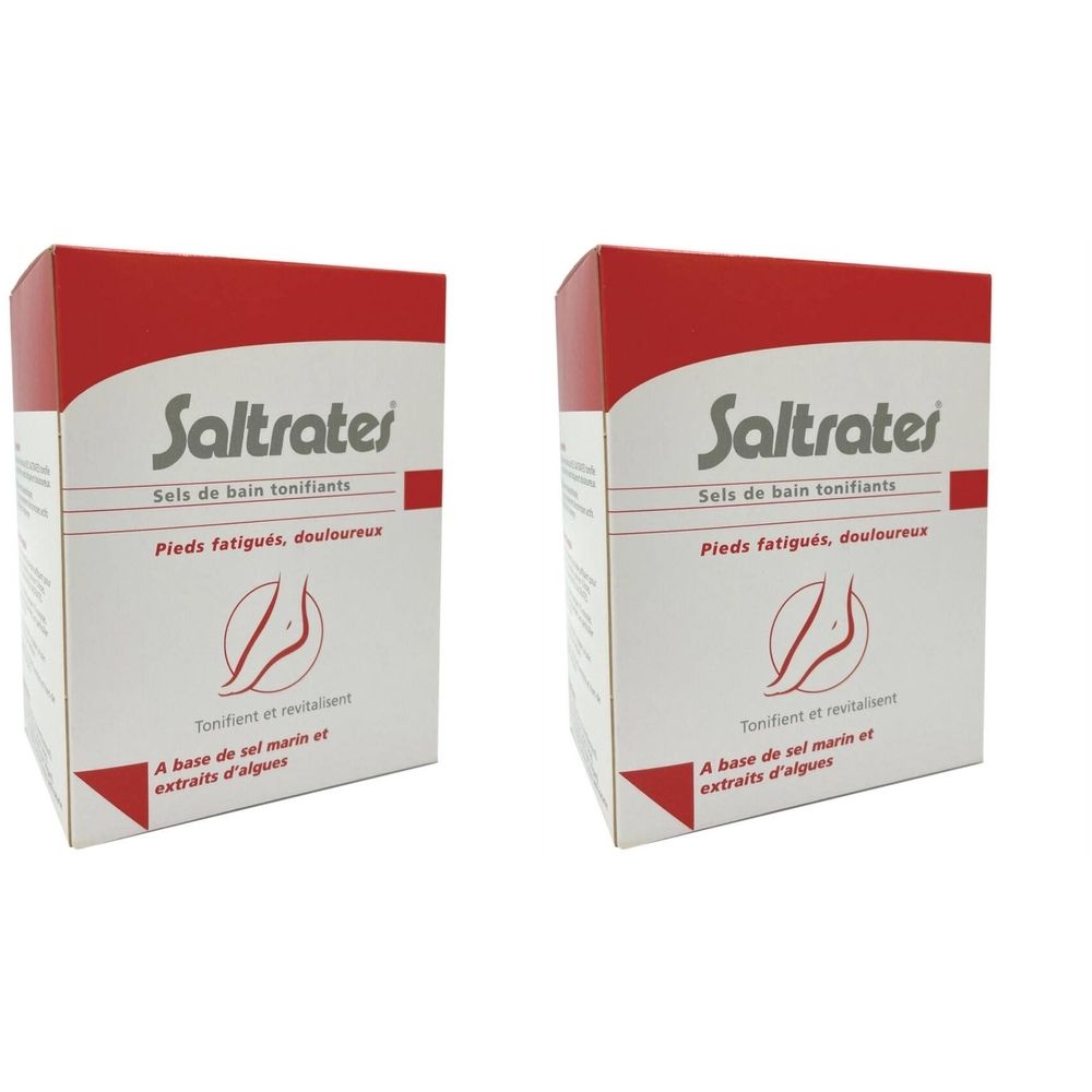 Deux boîtes Saltrates. Blanches avec dessus rouge. Texte: Sels de bain tonifiants, Pieds fatigués, douloureux. Logo pied.