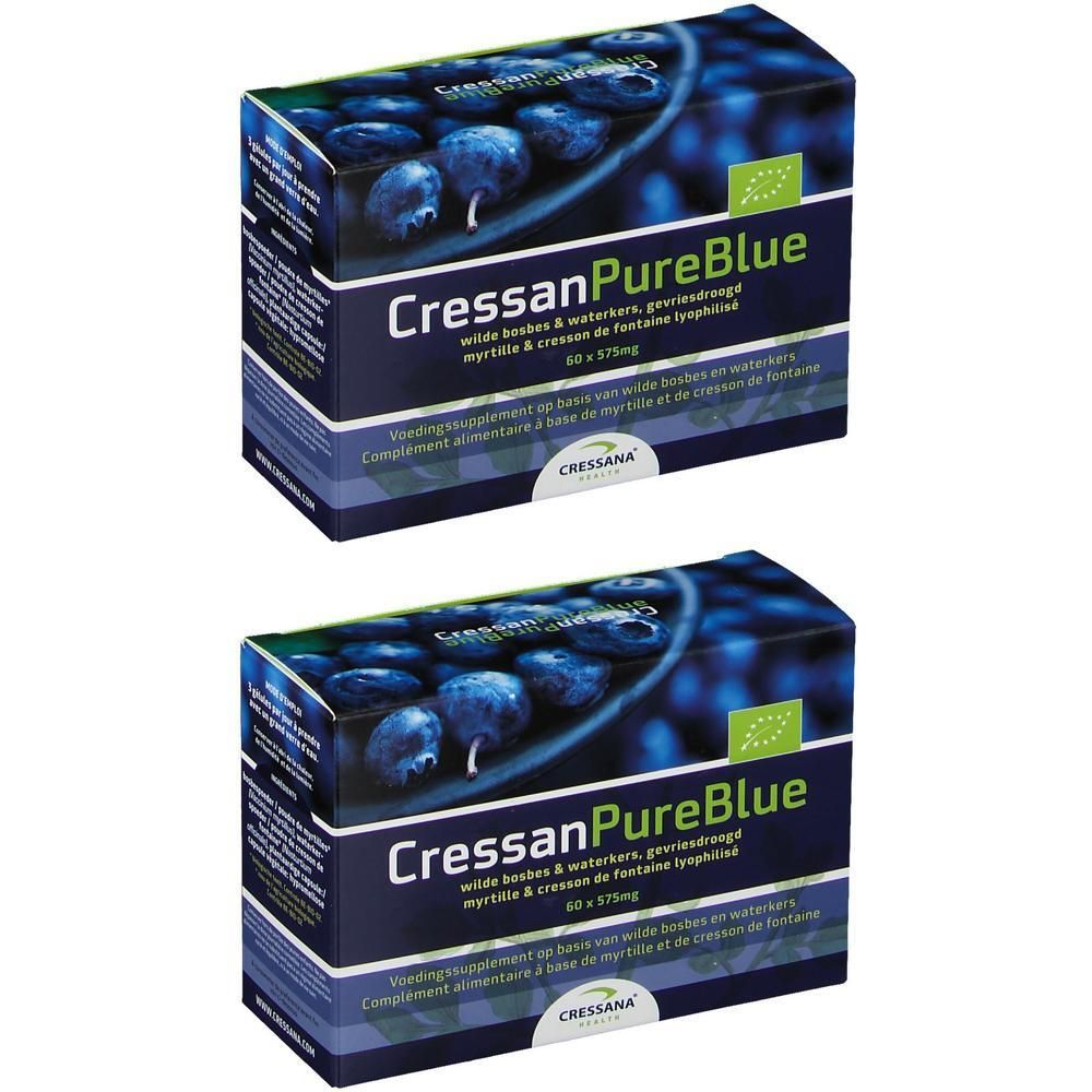 Deux boîtes de Cressana PureBlue. Emballage bleu avec nom du produit et image de myrtilles. Label bio.