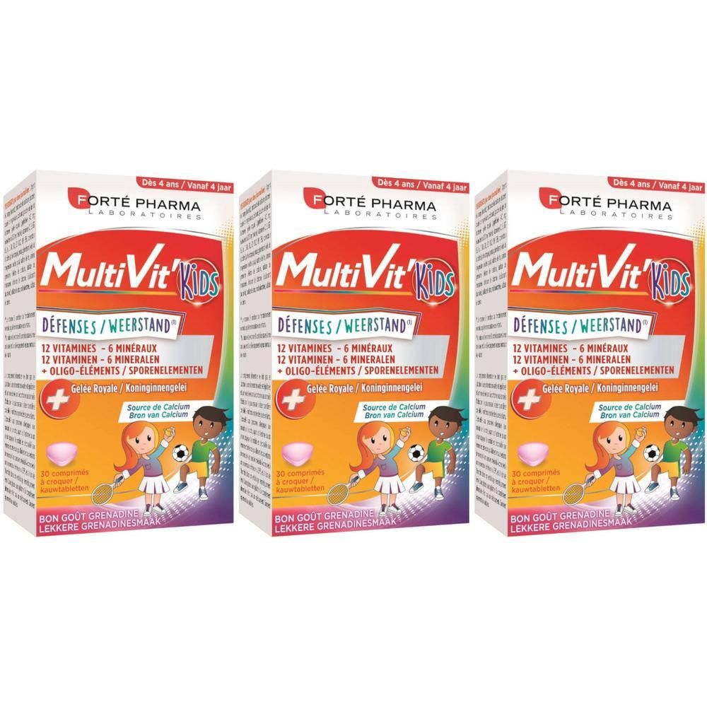 Trois boîtes de Forté Pharma MultiVit'Kids Défenses. Emballage rouge et blanc avec nom du produit et illustrations.