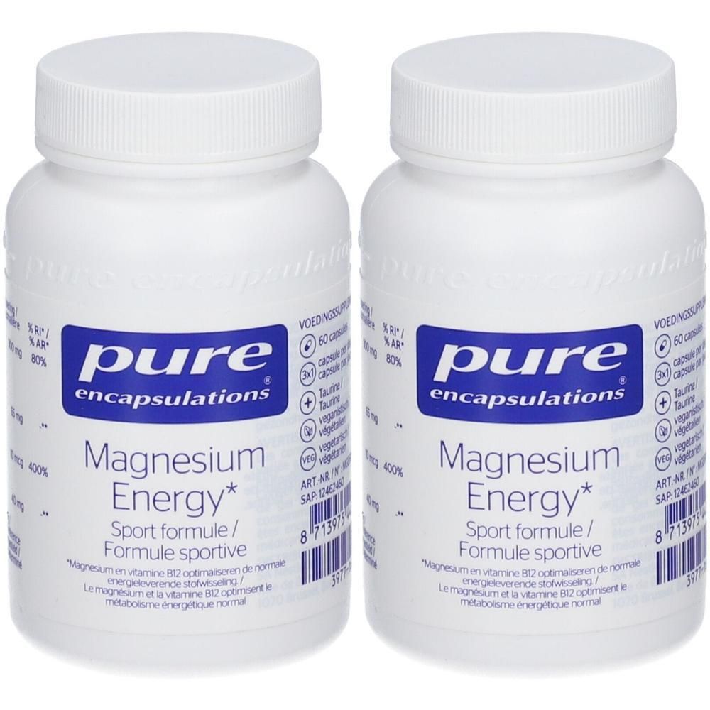 Deux flacons blancs avec étiquettes. Inscription: pure encapsulations Magnesium Energy. Étiquettes bleues avec texte.