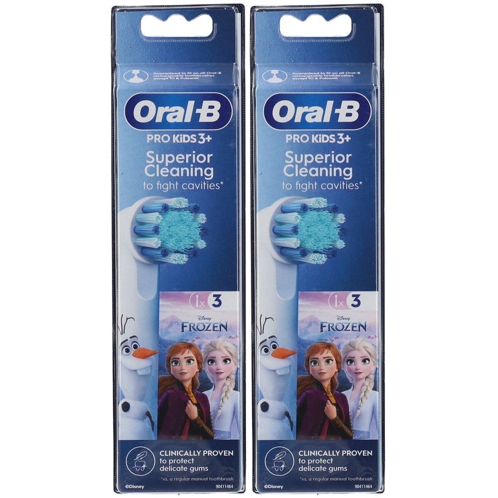 Deux paquets de brosses à dents Oral-B PRO Kids 3+. Impression : personnages de La Reine des Neiges, nom du produit, 'Superior Cleaning'.