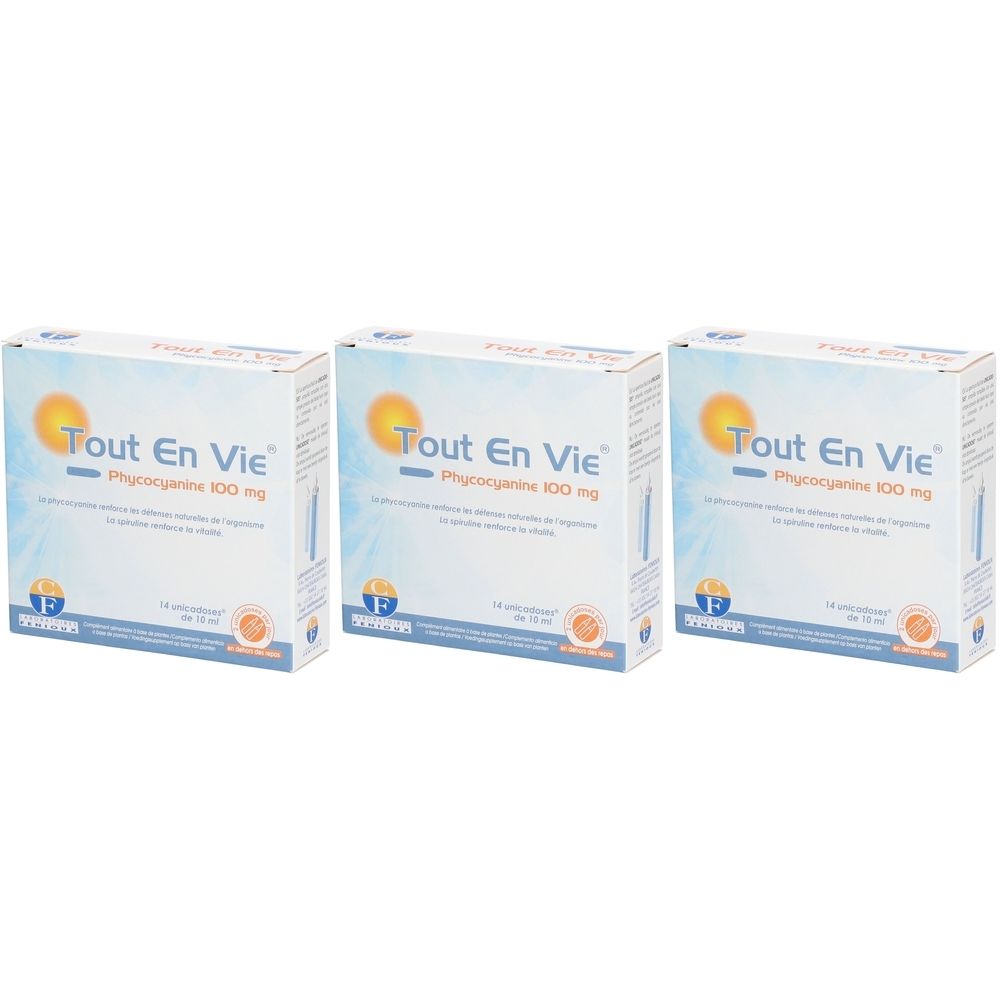Trois boîtes avec impression du produit. Impression : Tout En Vie, Phycocyanine 100 mg. Éléments bleus et jaunes.