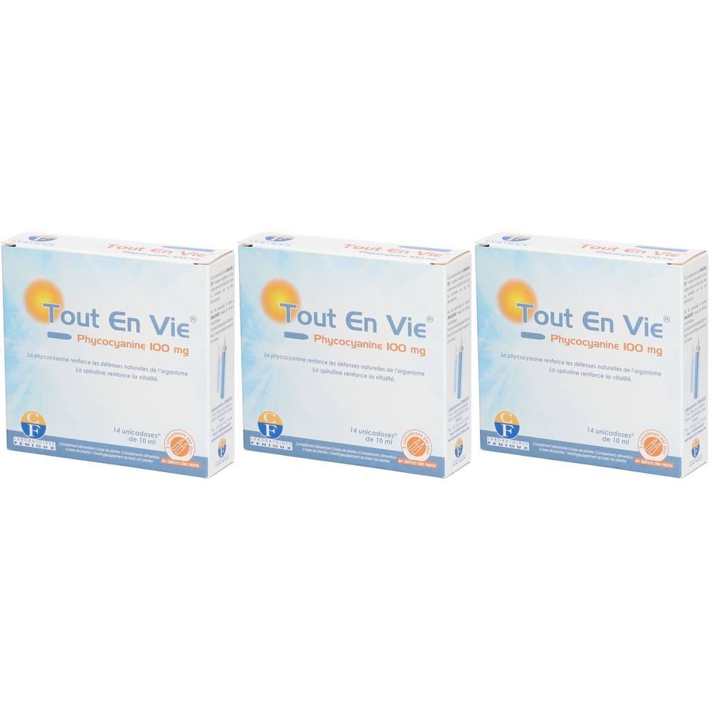 Trois boîtes avec impression du produit. Impression : Tout En Vie, Phycocyanine 100 mg. Éléments bleus et jaunes.