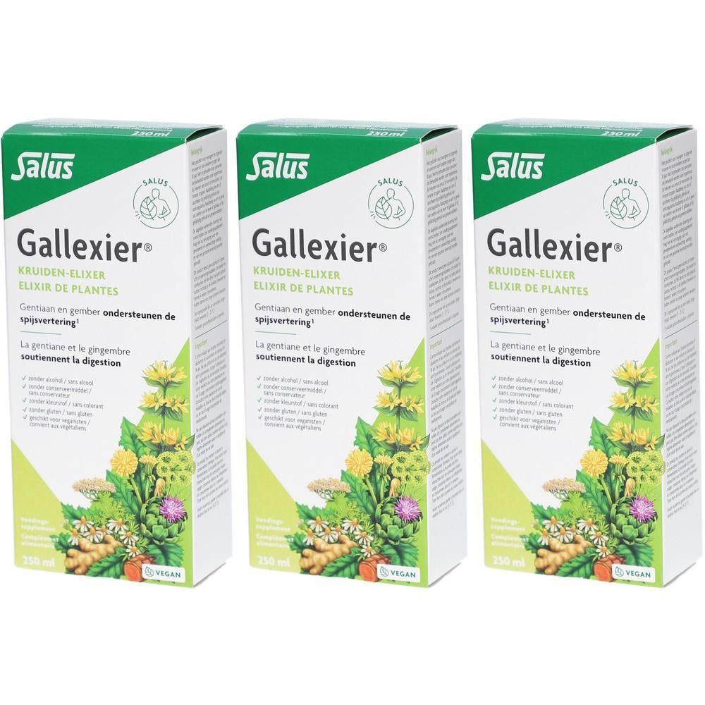 Trois boîtes de Salus Gallexier Elixir de plantes. Emballage vert et blanc avec nom du produit et illustrations.