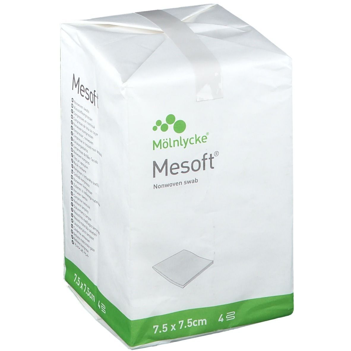 Emballage blanc avec bande verte. Inscription : Mölnlycke Mesoft Nonwoven swab. Dimensions : 7,5 x 7,5 cm.